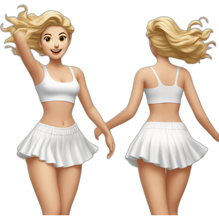 Hyperrealistic Full body Caucasian curvy beauty jumping short white skirt back and front views strong wind knickers long white socks emoji