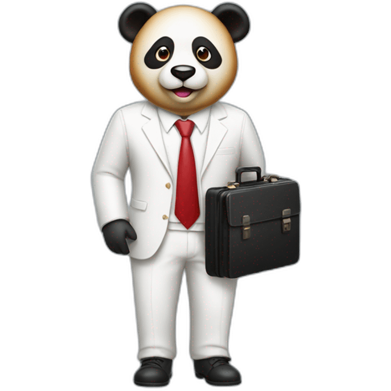 A professor with white suit and red tie and a panda face holding a hotdog and a black suitcase emoji