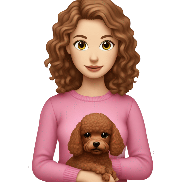 Pretty green eyed white girl with brown hair in a pink sweater holding a brown toy poodle emoji