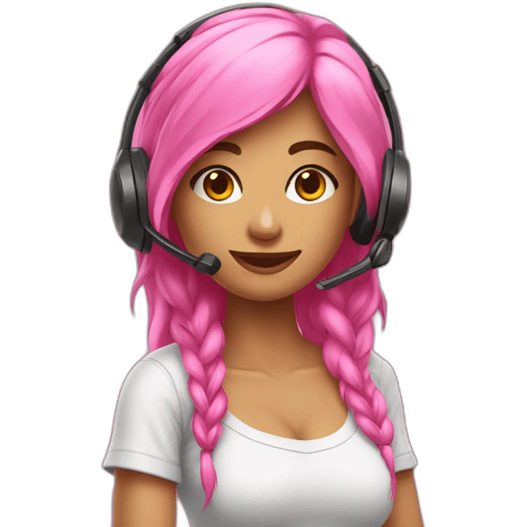 Mulher loira com fone gamer rosa emoji