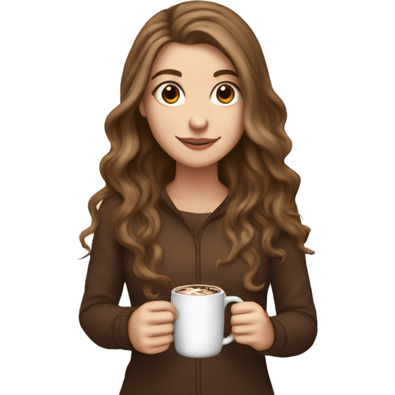 white girl with brown long hair and a hot chocolate emoji