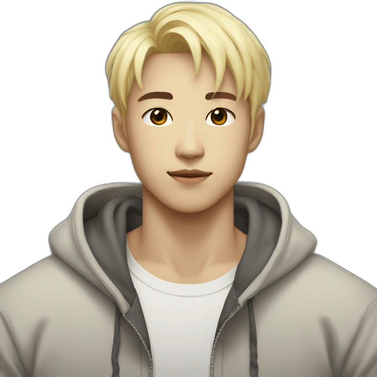 Korean with short bleached blond hair in his 20s muscular with a hoodie emoji