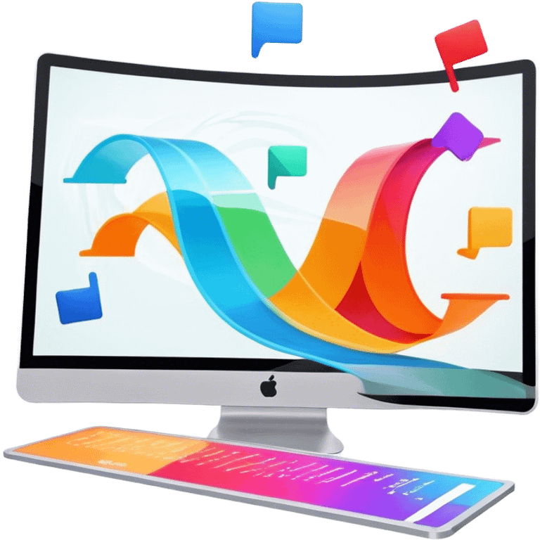 Animation and motion design. Show a computer screen with an animation timeline, moving frames, and a play button. Include motion design elements like flowing lines, curves, or rotating objects. Modern, creative colors. No emojis or smiley faces. Transparent background. emoji