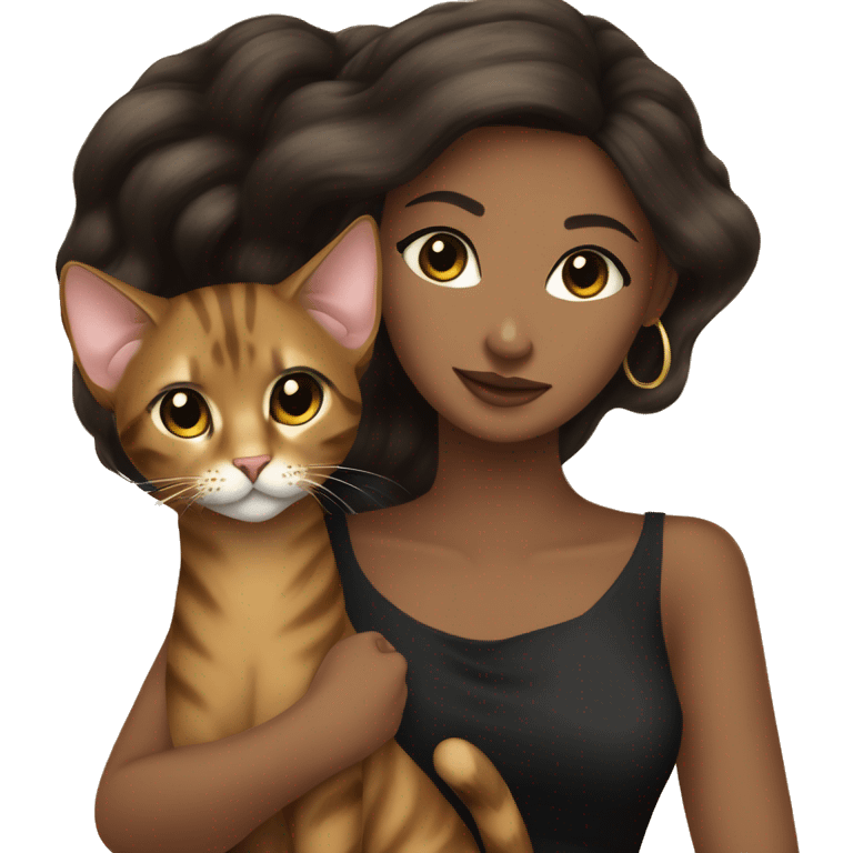 Beautiful skinny woman long dark brown hair in dark dress with gold earrings hug bengal cat emoji