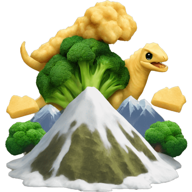 Dinosaur shaped nuggets with mountain of mashed potatoes with broccoli trees emoji