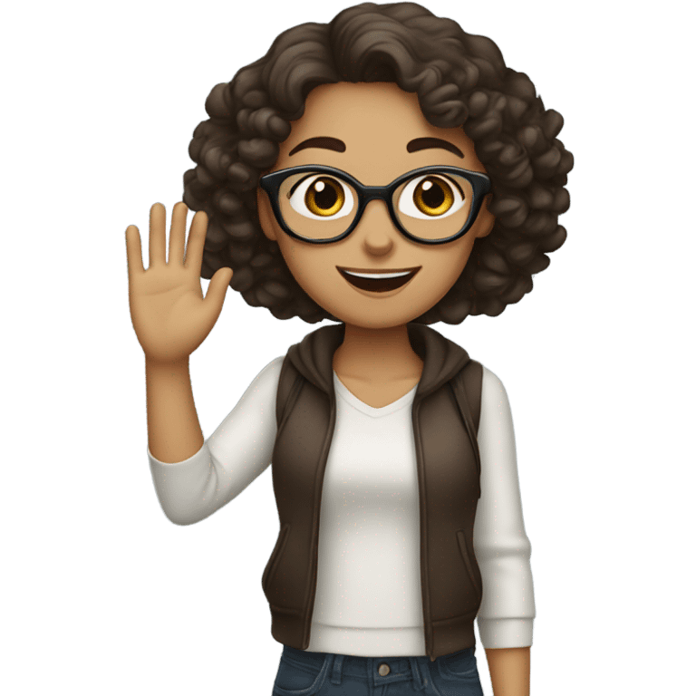 Girl with curly dark brown hair wearing glasses waving emoji