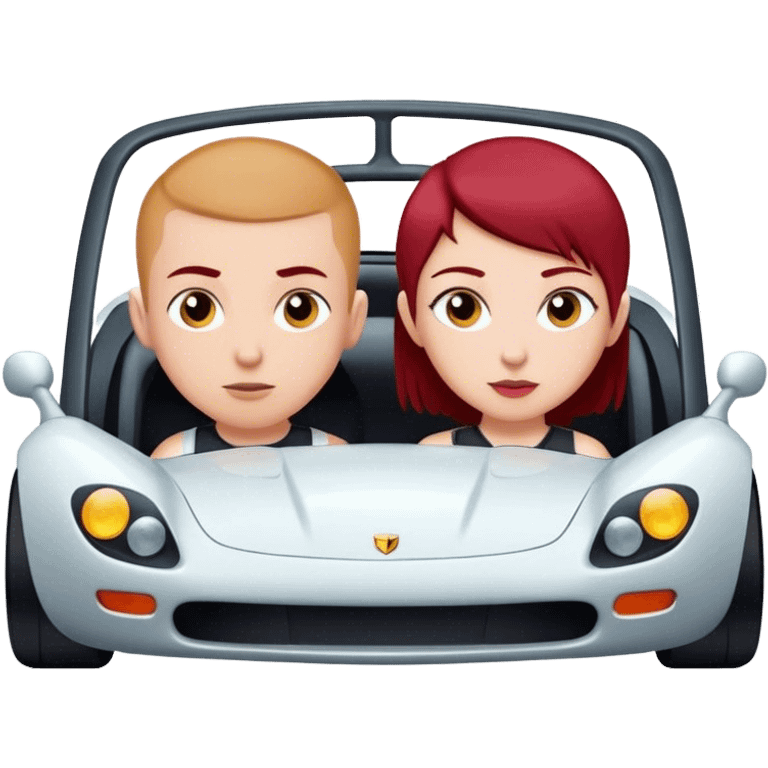 Blonde boy with a buzz cut and a girl with dark red hair in a sports car emoji