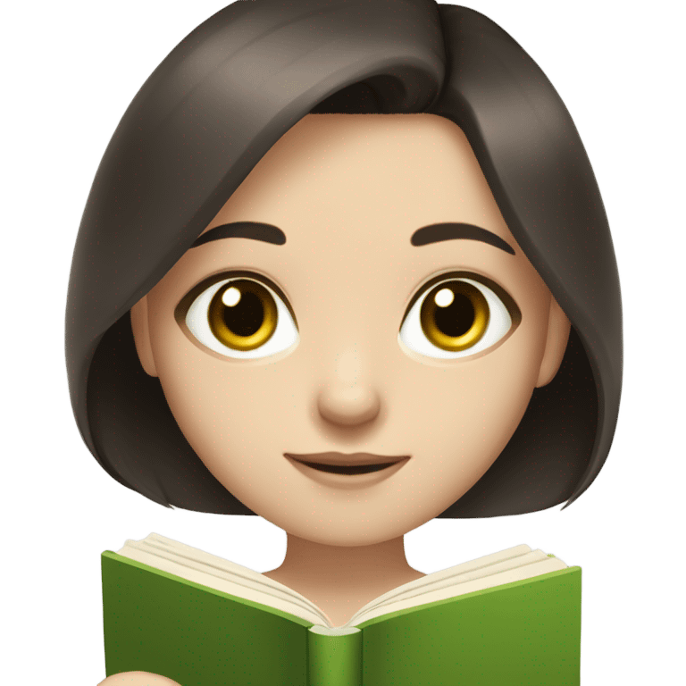 Girl with green eyes, shoulder length dark brown hair, pale skin, reading a book  emoji