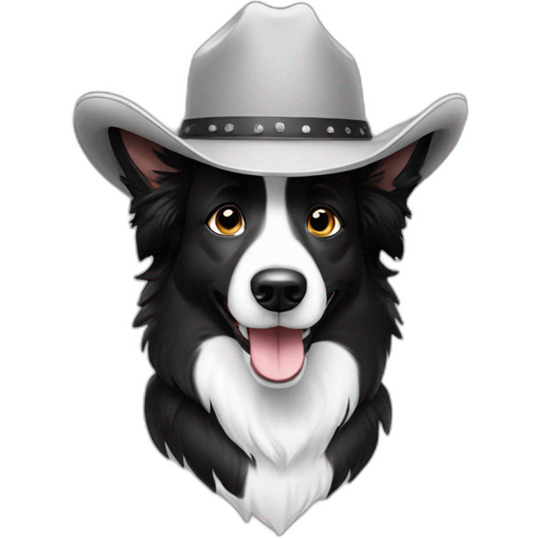 Very happy Border collie with black and white fur wearing a cowboy hat emoji