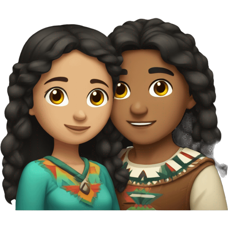 Native Americans girl with brown hair and Mexican boy with black curl hair cuddling emoji