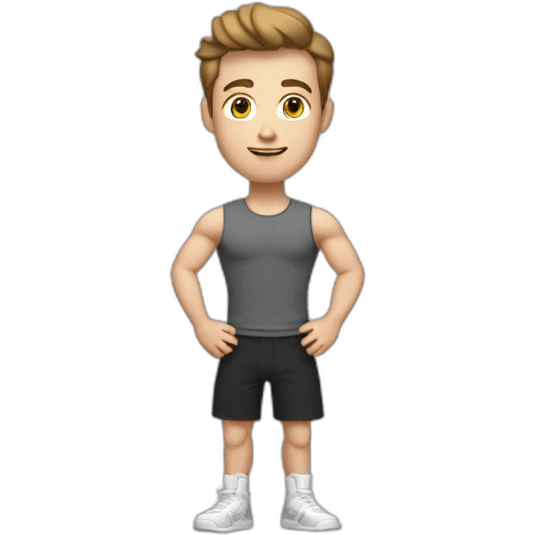 Full height Actively gesturing with hands Pale skinned Fit Man With the biceps and brown hair in dark gray Sleeveless Mike, black oversize sports shorts, watch and white Sneakers emoji