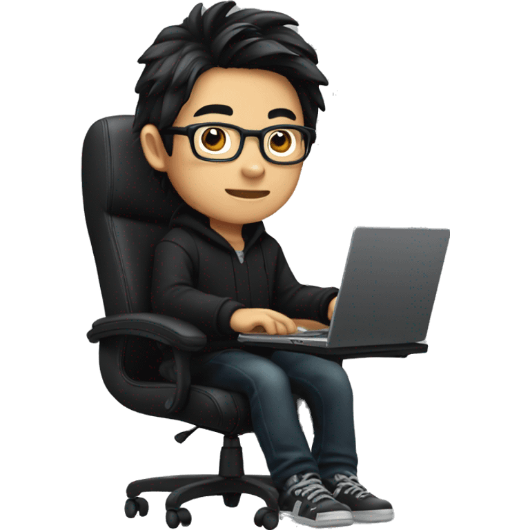 asian boy with glasses, long hair working, wearing black clothes , on his laptop seating on a gaming chair emoji