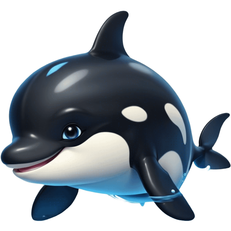 Cinematic Cute orca Portrait Emoji, Head tilted playfully and inquisitively, featuring a smoothly rounded body with bright, sparkling eyes and an adorable, friendly smile, Simplified yet irresistibly adorable features, highly detailed, glowing with a warm, ocean-blue glow, high shine, affectionate and lively, stylized with a touch of whimsical aquatic charm, soft glowing outline, capturing the essence of a mischievous yet endearing orca that seems as if it could leap right into your heart! emoji