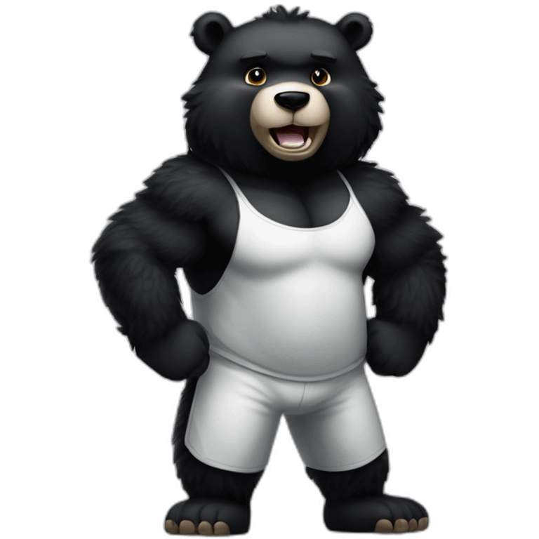 Humanoid muscular tall male fuzzy pitch-black colored black bear, flexing, white sweatpants, upper body shot emoji