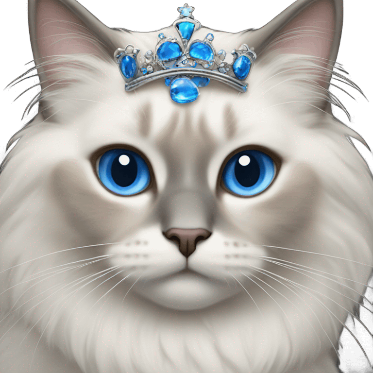 Realistic ragdoll cat with blue eyes wearing crown emoji