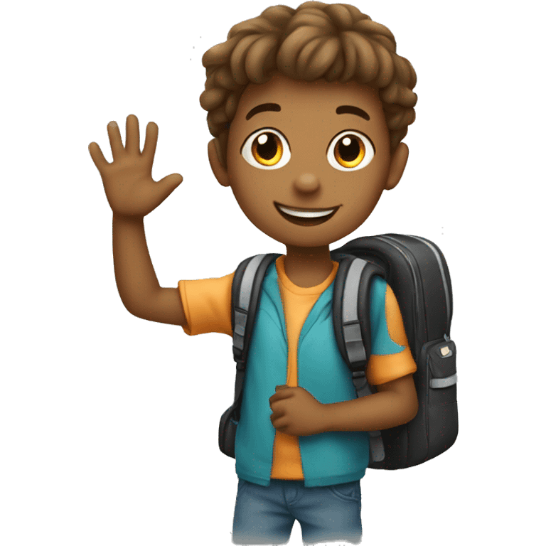 boy waving bye wearing school bag emoji