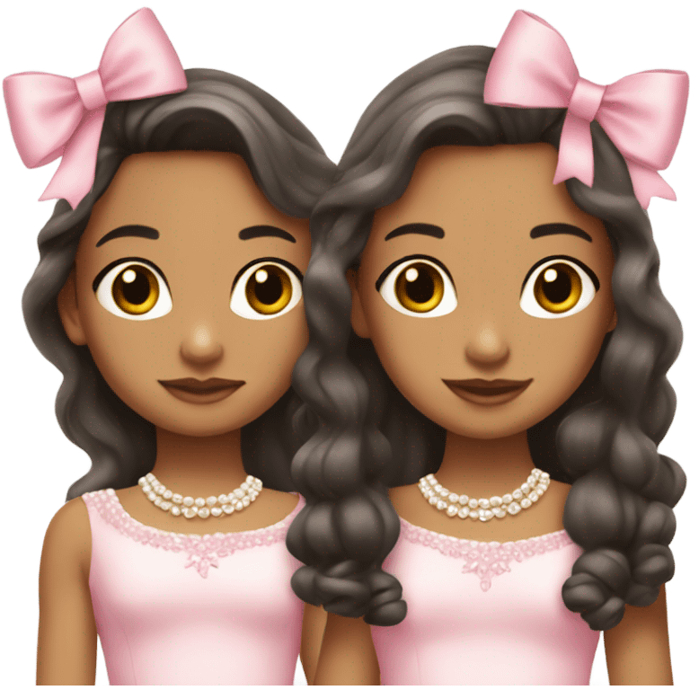 two teenage Latina twins. pink. Long hair. Pink bows. Pearls. Light pink. Diamonds dress. emoji