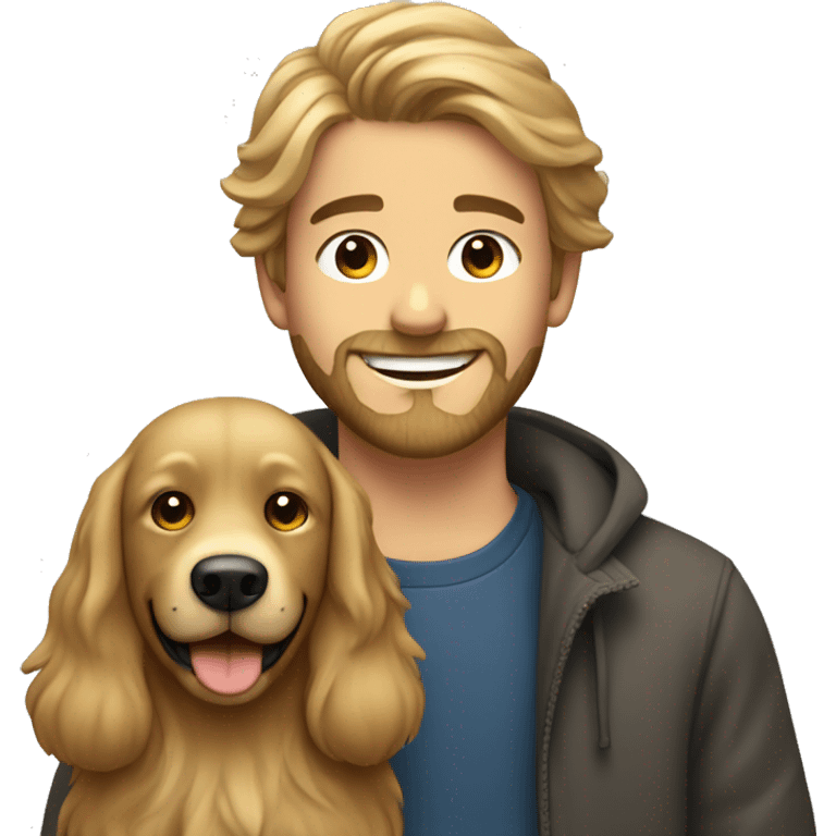 smiling bearded dark blonde boy with and long hair with dog indoors emoji