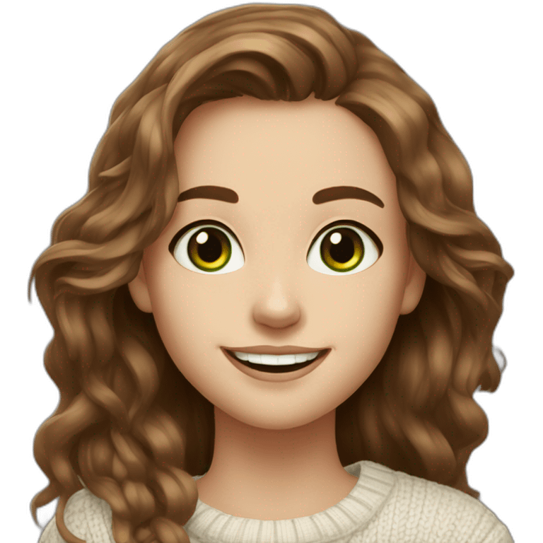 beautiful girl, white, with long loose wavy hair, brown hair, brown green eyes, smiles at the camera, good teeth, white sweater, realistic drawing emoji