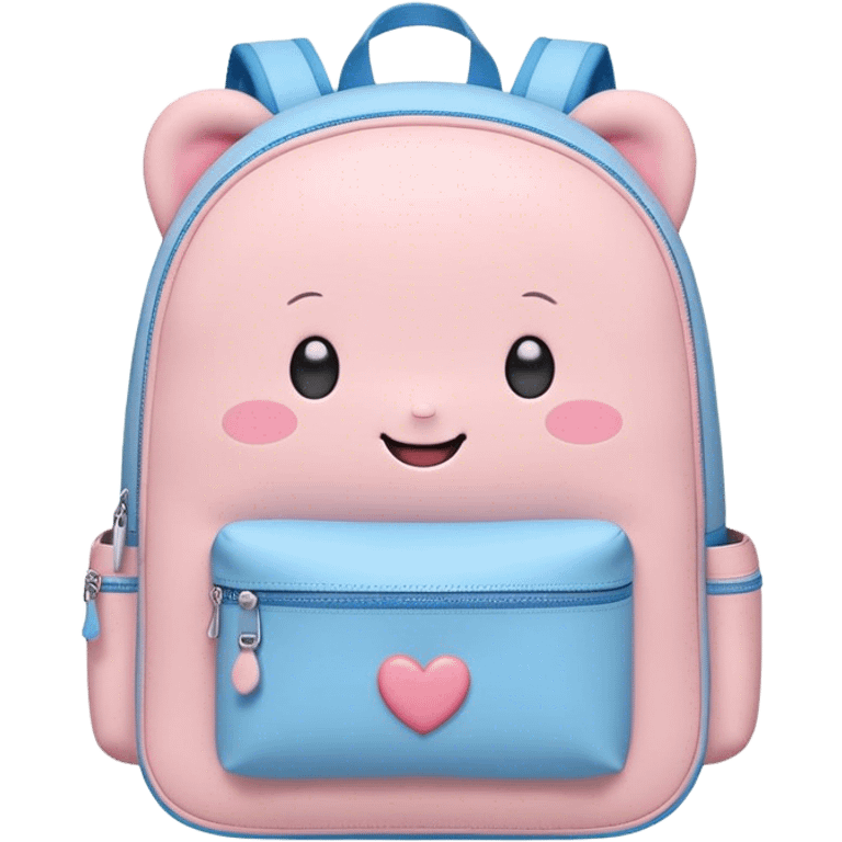 Cute Kawaii Backpack, round and chubby, soft pastel pink and blue, tiny heart-shaped zippers, blushing cheeks, a tiny smiling face, a happy school-time companion! emoji