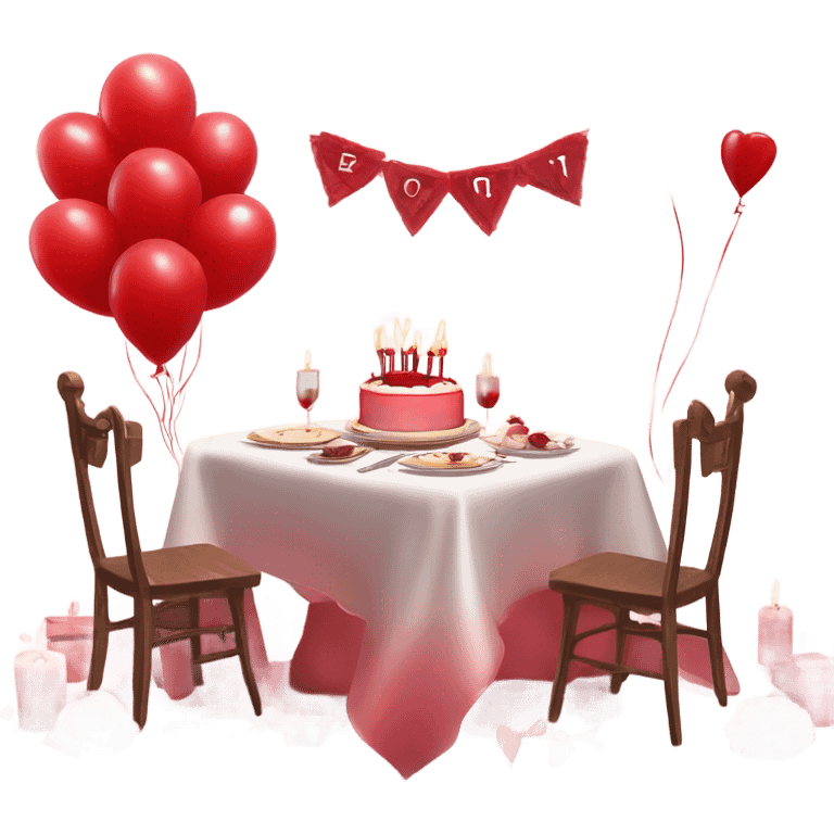 Red romantic party setting for two people and heart balloon  table with white cloth and candle with bows on the table and white Korean cake emoji