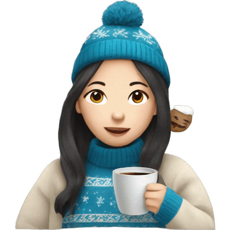 Asian girl drinking coffee wearing blue Christmas sweater emoji