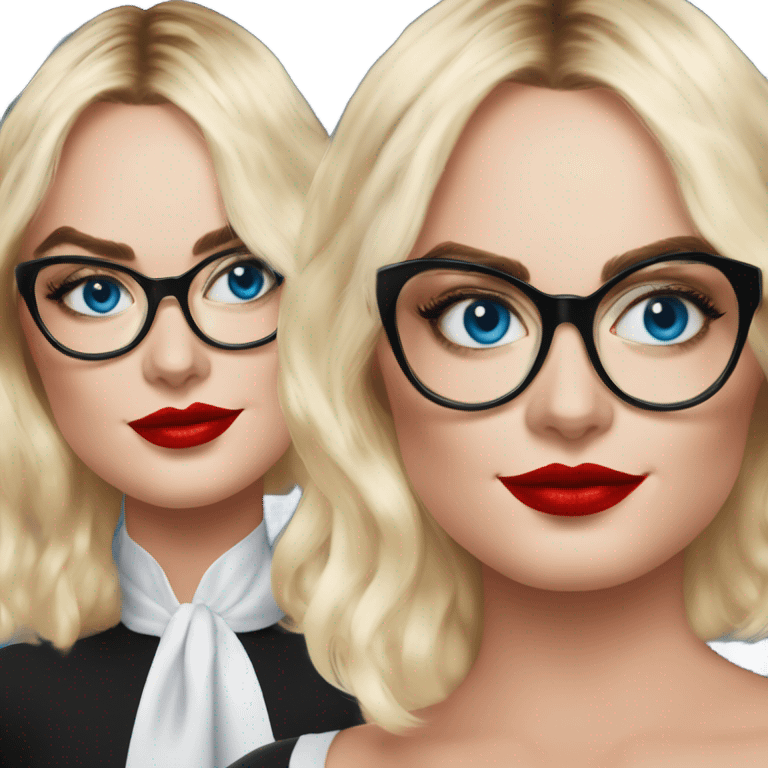  Margot Robbie, bright blue eyes and winged eye liner, red kisses, wearing black glasses  emoji