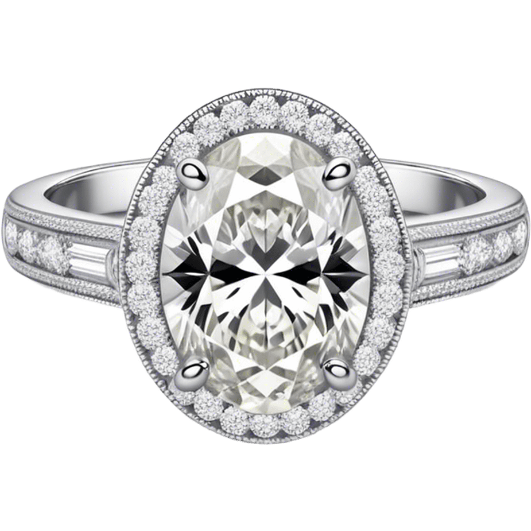 platinum oval diamond engagement ring with white diamond halo and white diamond band emoji