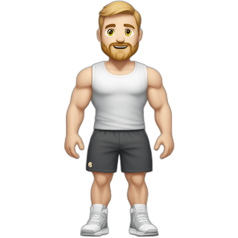 Full height Pale skinned fit man With biceps, Realistic eyes and mouth, light brown hair and stubble In dark gray sleeveless mike, black oversize sports shorts, watch and white sneakers. emoji