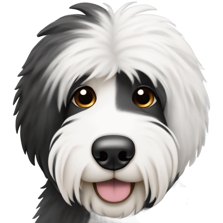 Old English sheepdog with a half and half face like a black (right side) and white (left side) cookie emoji