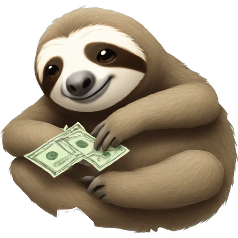 sloth laying down looking sleepy; add a phone in his hand and lots of money flying in air around him emoji