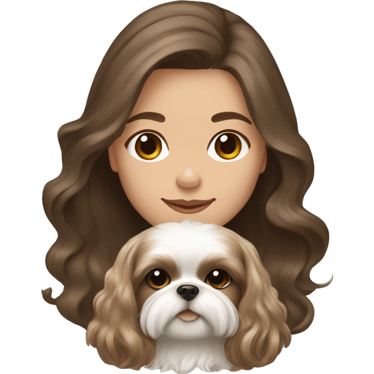 Young brunette hair woman with a cream shih tzu in her arms long wavy hair emoji