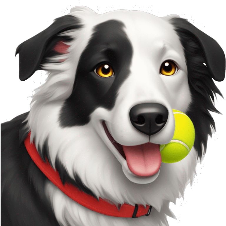 Black and white border collie dog with red collar and yellow tennis ball in her mouth emoji