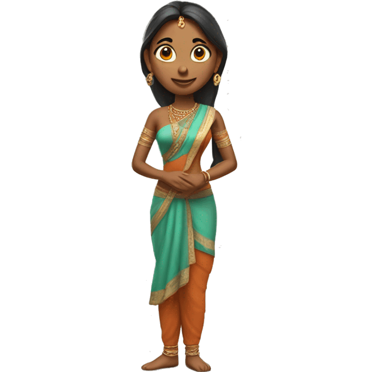 Here is the full-body image of the 3D Indian woman character, turned slightly to the left. I think she looks graceful and elegant! and include her legs straight image   emoji