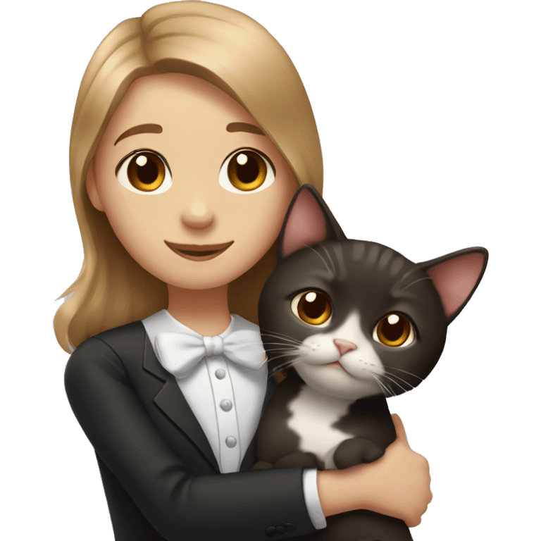 girl with light brown hair & brown eyes hugging tuxedo cat emoji