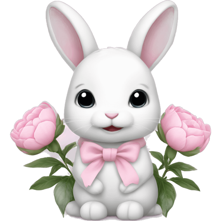 cute white bunny holding light pink peonies emoji