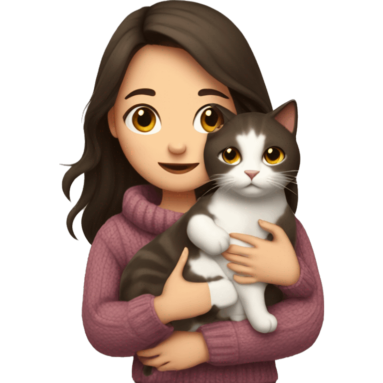 a girl with long dark brown hair, in a sweater, hugs a cat. emoji