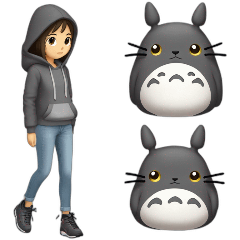 Fille Brune avec un sweat-capuche Totoro gris foncé avec les rond clair de Totoro sur ventre  emoji