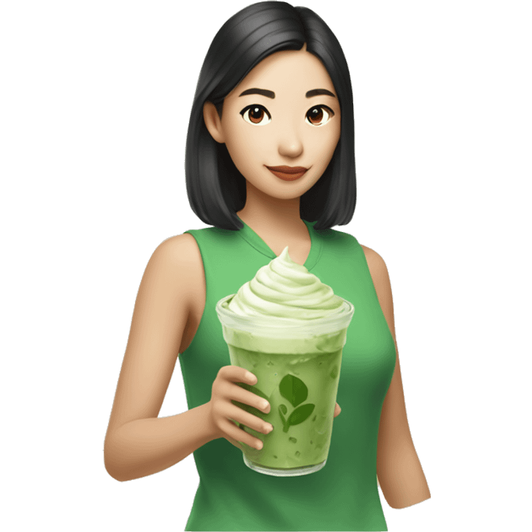 Iced matcha latte with a rich Asian girl holding it  emoji