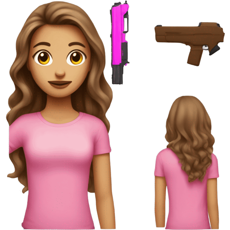 Beautiful brown long haired and fair skined  girl wearing pink top and holding a pink gun emoji