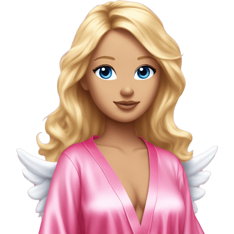 Blonde hair blue eye Victoria secret angel in pink silk robe with white angel wings emoji