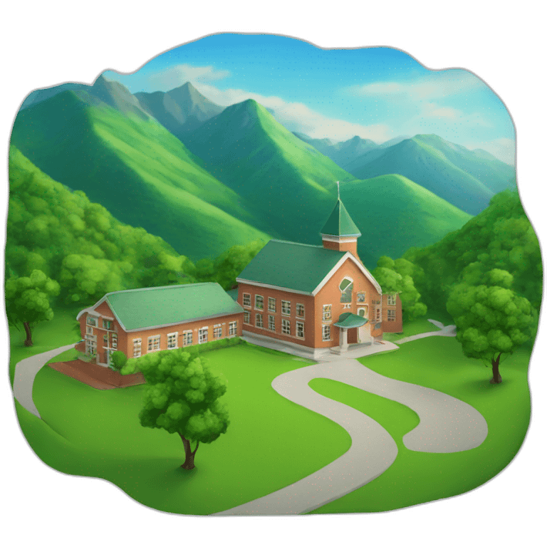 a small school at the foot of a beautiful green mountain with children play emoji