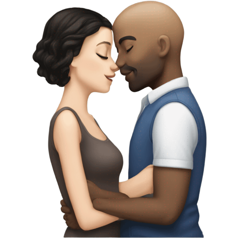 White girl dark hair kissing mixed bald man emoji