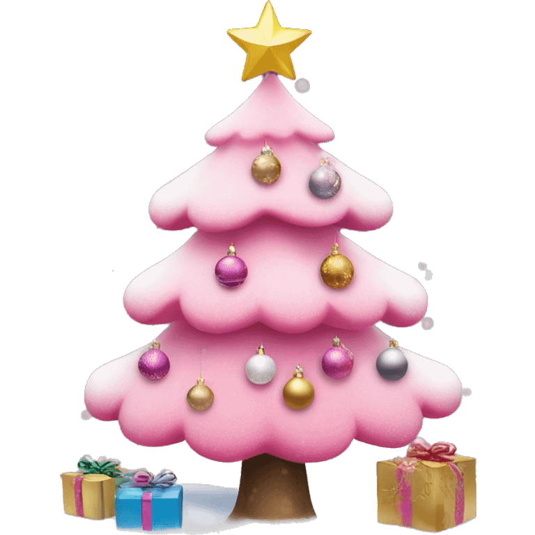 Coquette pink Christmas tree with ornaments and snow emoji