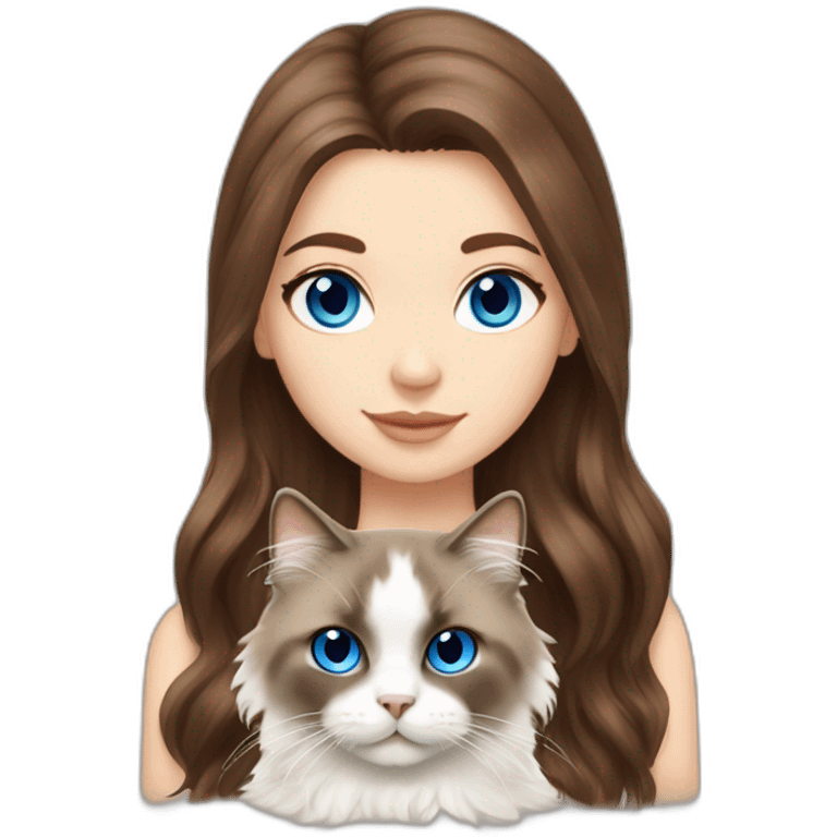 white girl brown hair girl with blue eyes with a brown and white seal fluffy ragdoll cat  emoji