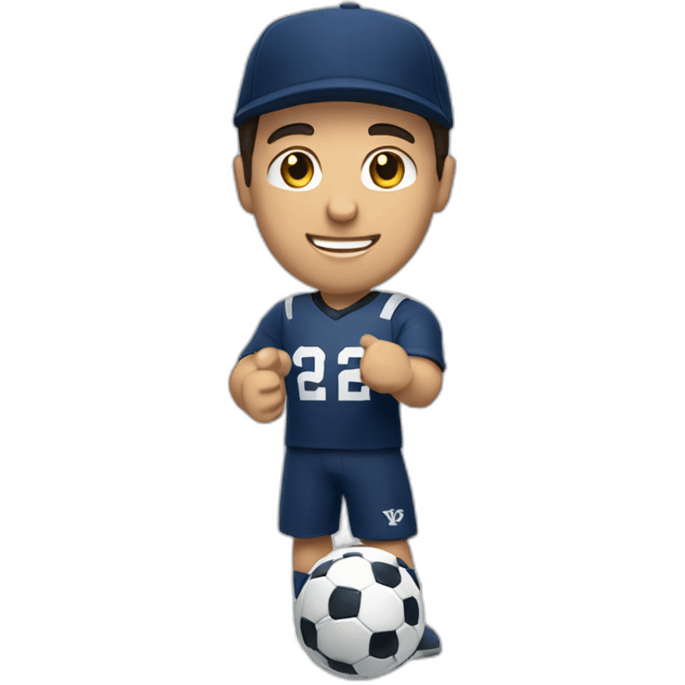 Caucasian guy with dark short hair wearing a Yale university hat holding a soccer ball and a MacBook computer emoji