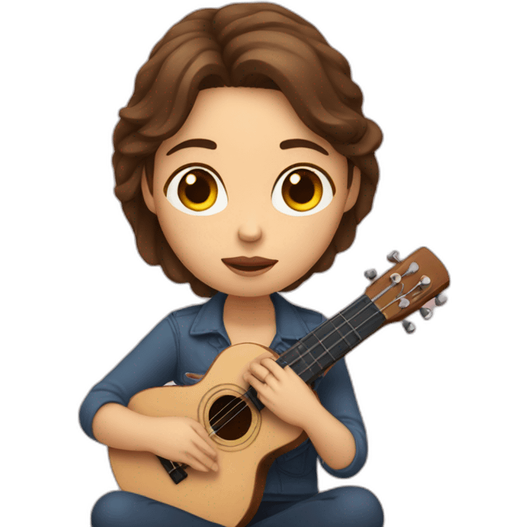 woman with brown hair with ukelele in hand sitting, with a sad look on her face emoji