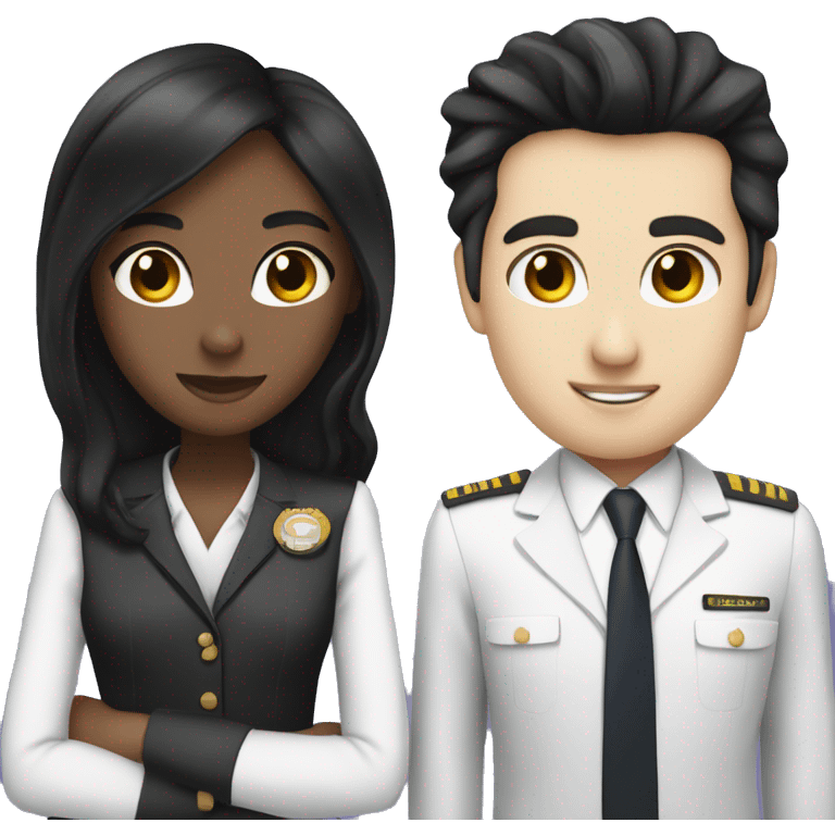 Flight attendant with long black hair and white skin with a pilot man with black hair emoji