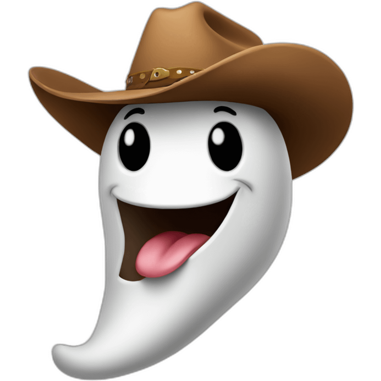 ghost wearing brown cowboy hat in a surprising pose, winking, sticking it's tongue out emoji