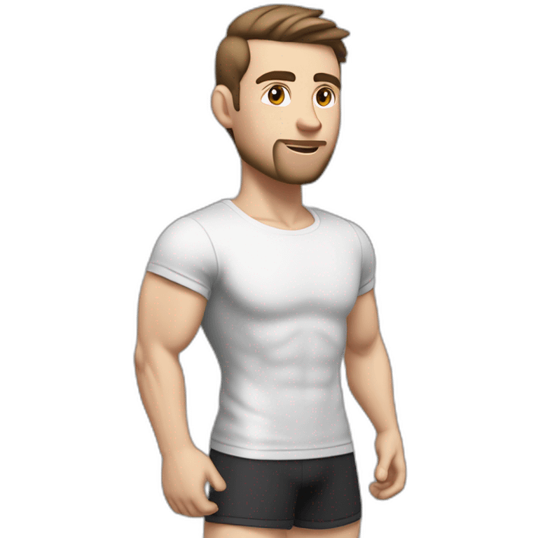 Pale skinned Fit Man With the biceps and dark brown hair in black shirt, gray sports shorts and white Sneakers His right hand touches his back of the head emoji